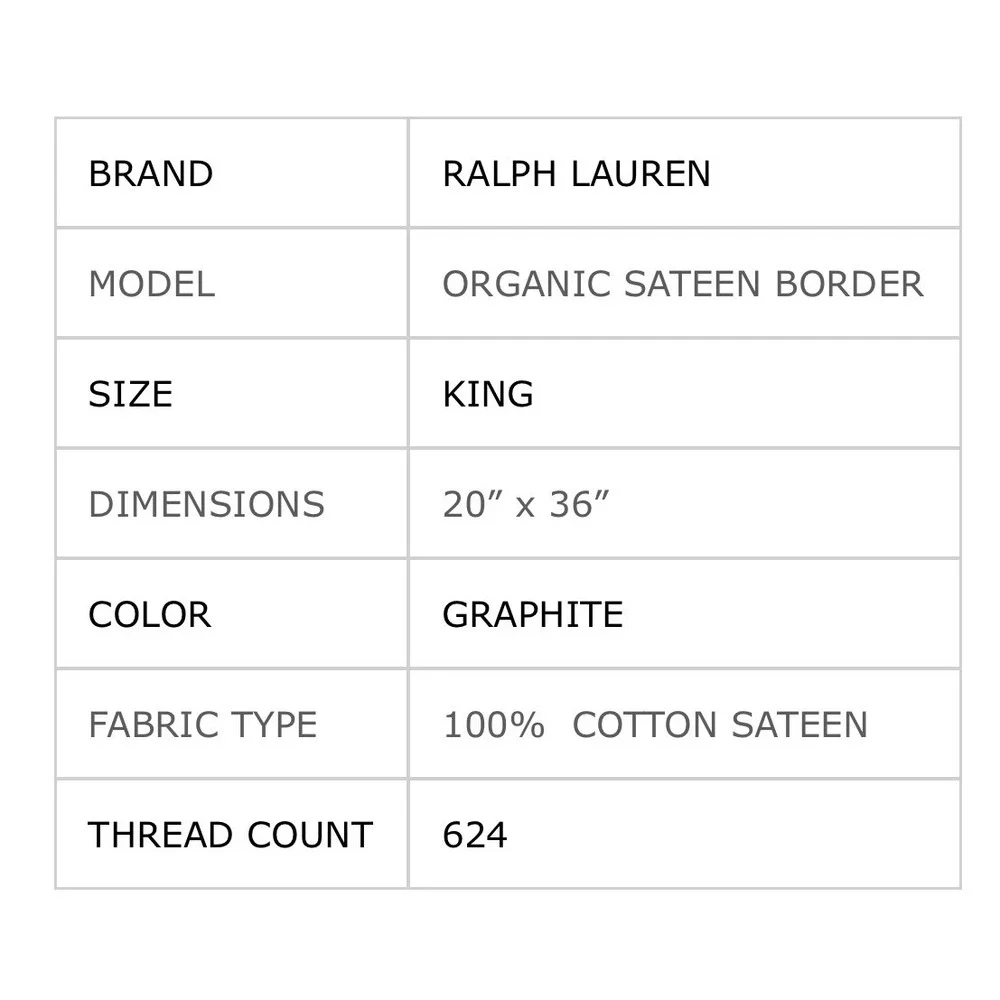 Organic Cotton Sateen Border King Sham Graphite Grey White 2pc Set NEW 20